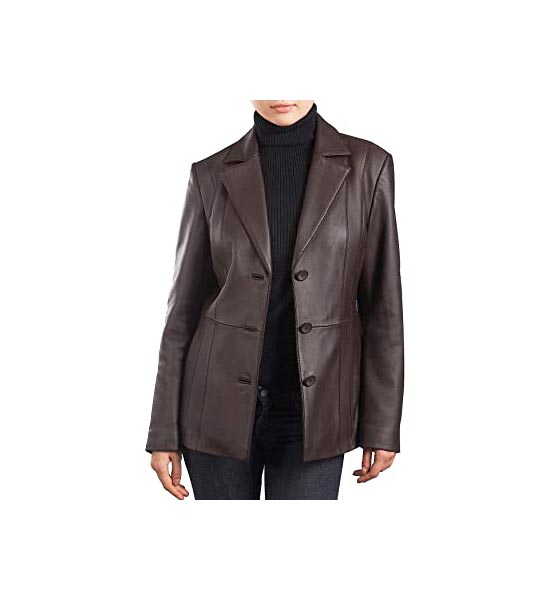 Brown leather jacket BGSD Women's Crystal New Zealand Lambskin Leather Blazer Brown X-Large