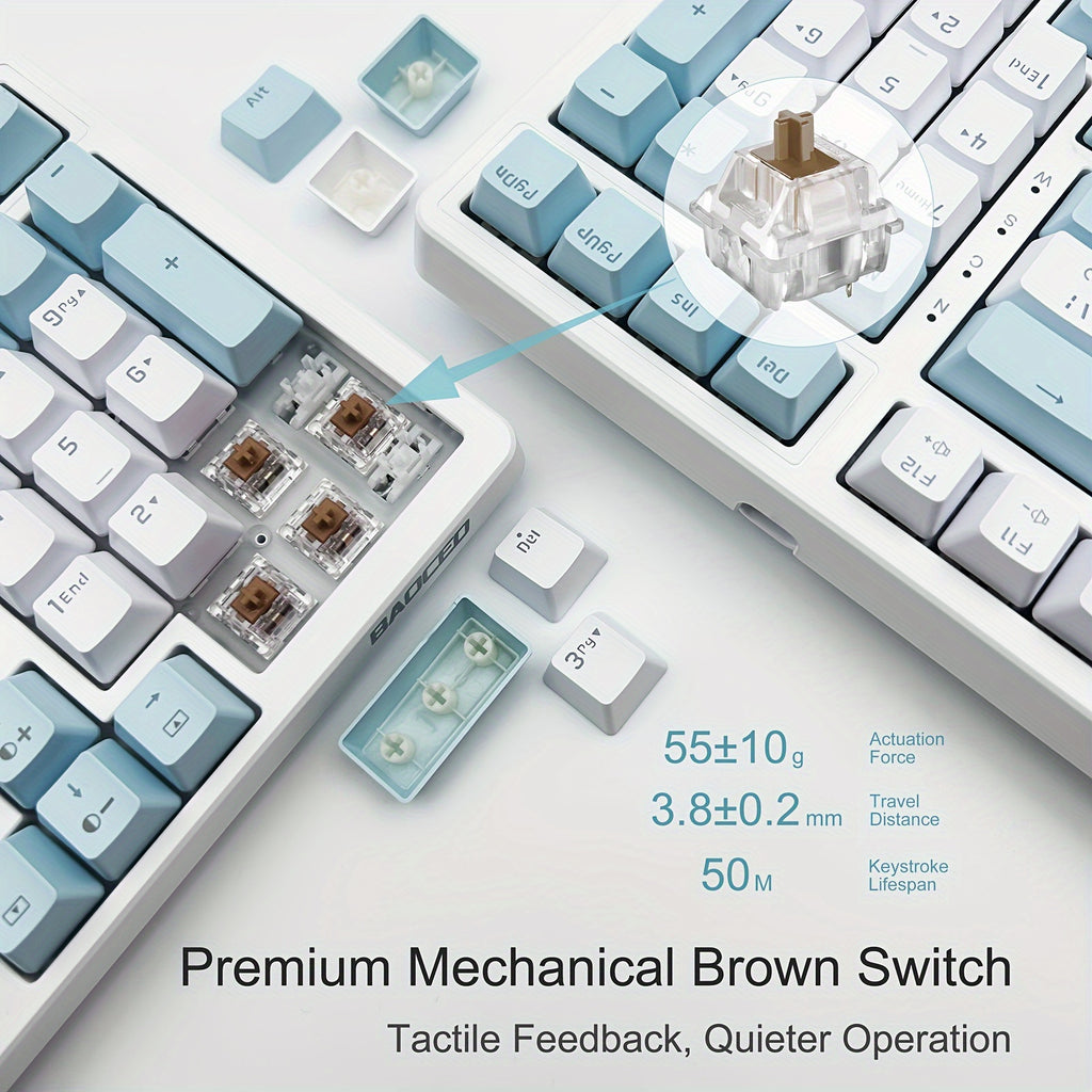 Baoced Mechanical Gaming Keyboard, Full Size 98 Anti-Ghosting Keys Brown Switch Keyboards With ICY Blue Backlight, Wired Detachable USB Type-C Gaming Keyboard With Adjustable Kickstand