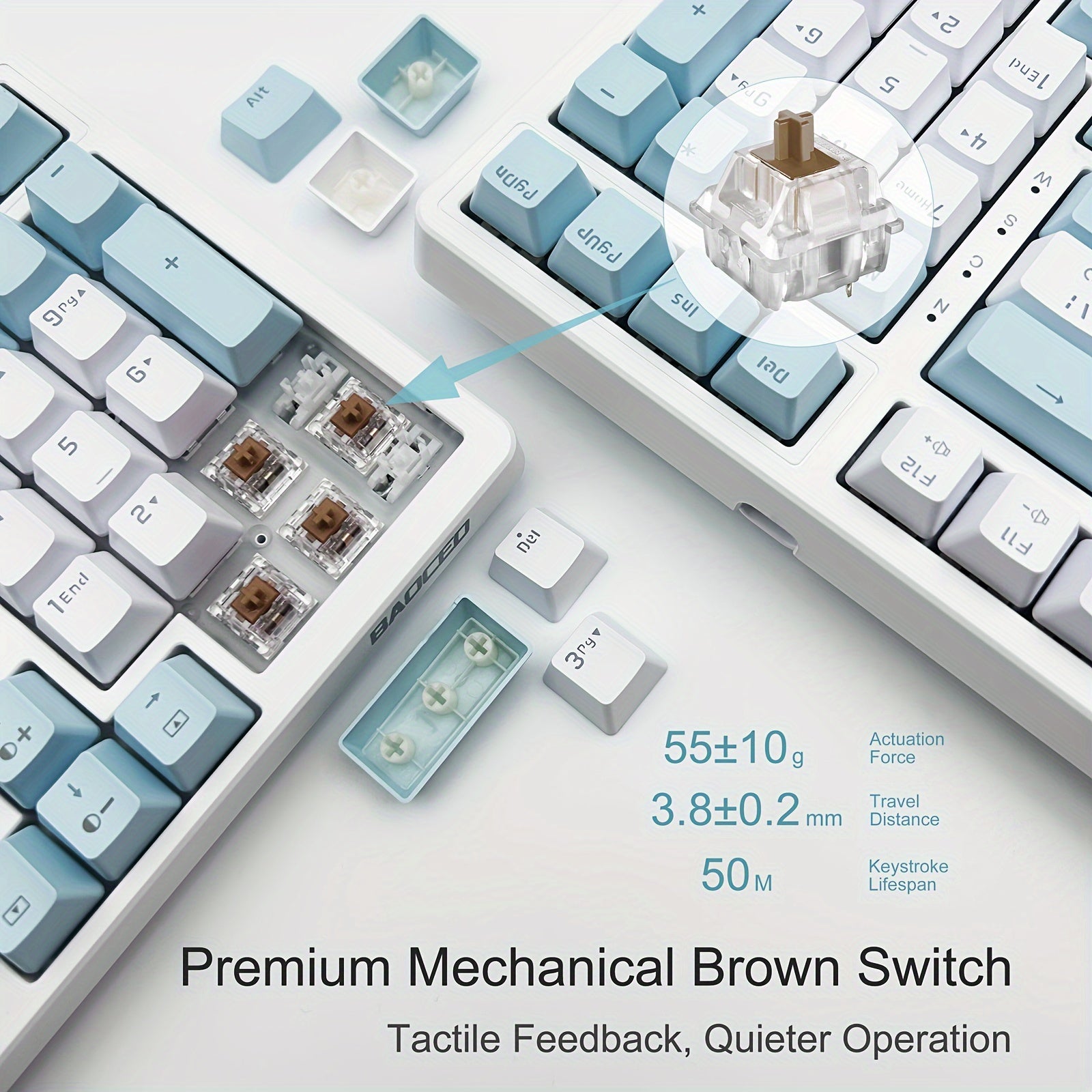 Baoced Mechanical Gaming Keyboard, Full Size 98 Anti-Ghosting Keys Brown Switch Keyboards With ICY Blue Backlight, Wired Detachable USB Type-C Gaming Keyboard With Adjustable Kickstand