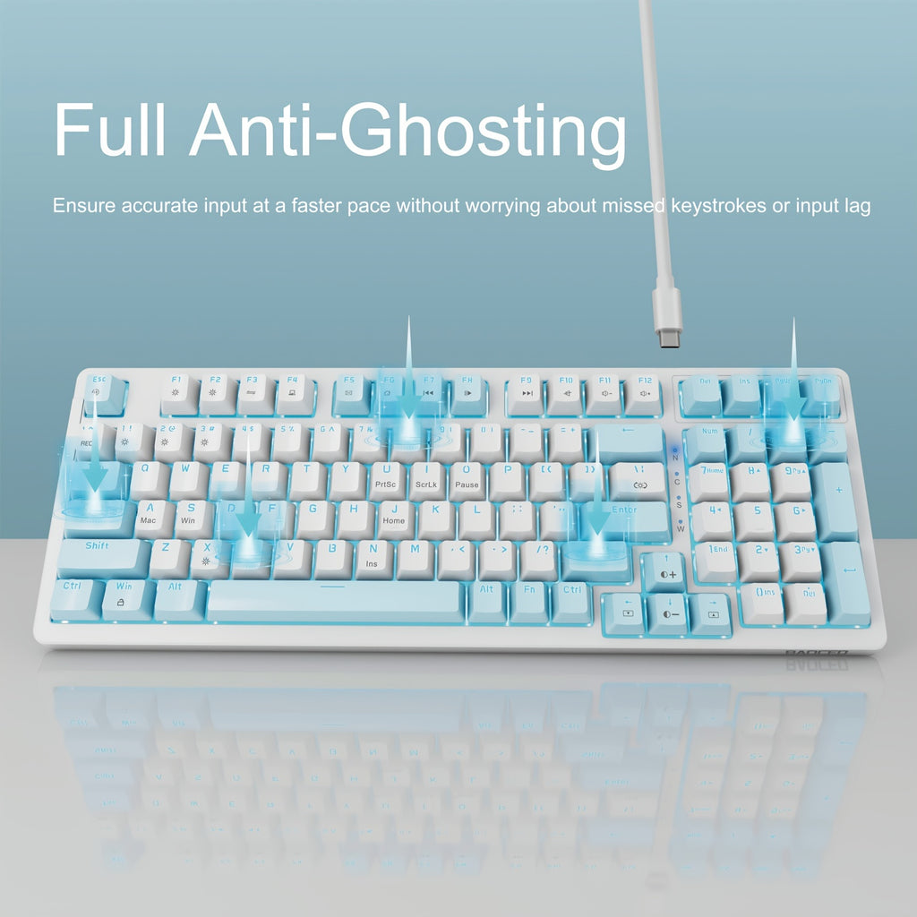 Baoced Mechanical Gaming Keyboard, Full Size 98 Anti-Ghosting Keys Brown Switch Keyboards With ICY Blue Backlight, Wired Detachable USB Type-C Gaming Keyboard With Adjustable Kickstand