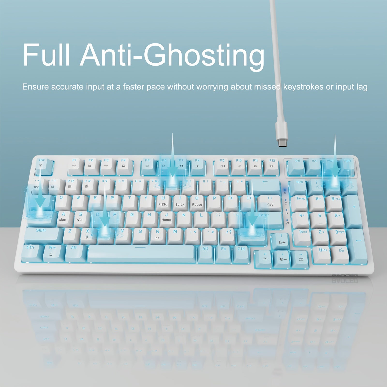 Baoced Mechanical Gaming Keyboard, Full Size 98 Anti-Ghosting Keys Brown Switch Keyboards With ICY Blue Backlight, Wired Detachable USB Type-C Gaming Keyboard With Adjustable Kickstand