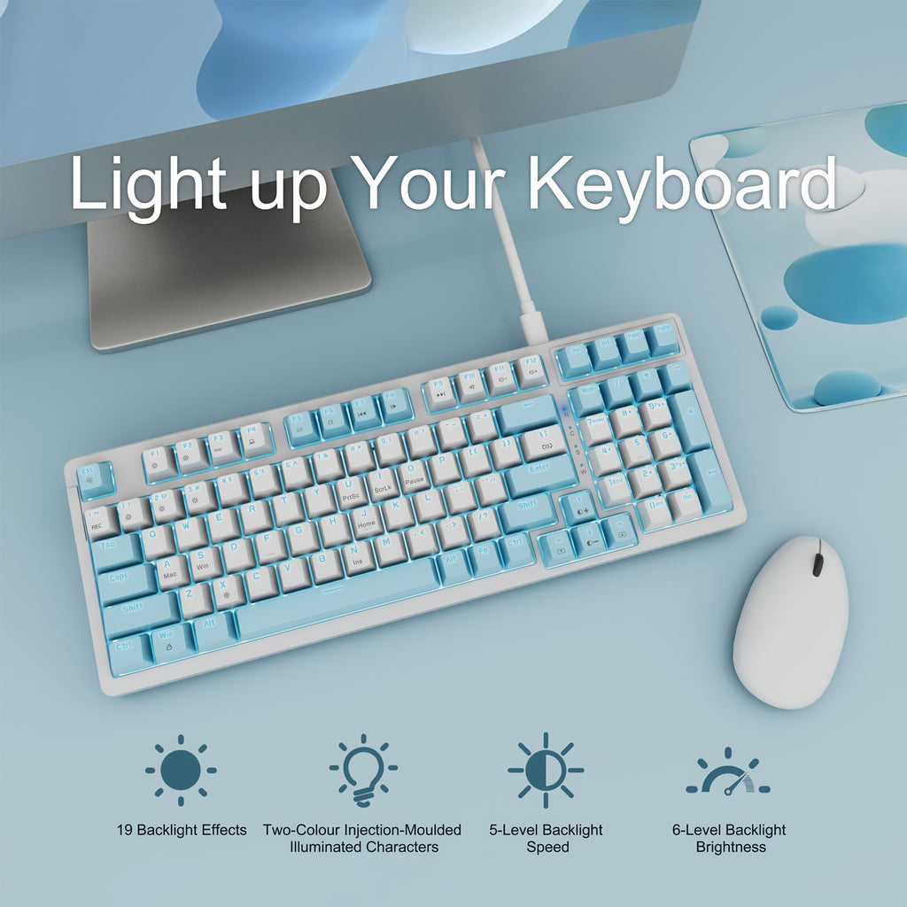 Baoced Mechanical Gaming Keyboard, Full Size 98 Anti-Ghosting Keys Brown Switch Keyboards With ICY Blue Backlight, Wired Detachable USB Type-C Gaming Keyboard With Adjustable Kickstand