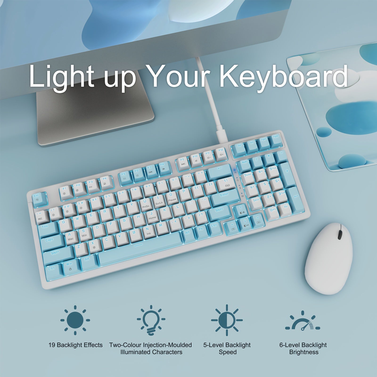 Baoced Mechanical Gaming Keyboard, Full Size 98 Anti-Ghosting Keys Brown Switch Keyboards With ICY Blue Backlight, Wired Detachable USB Type-C Gaming Keyboard With Adjustable Kickstand