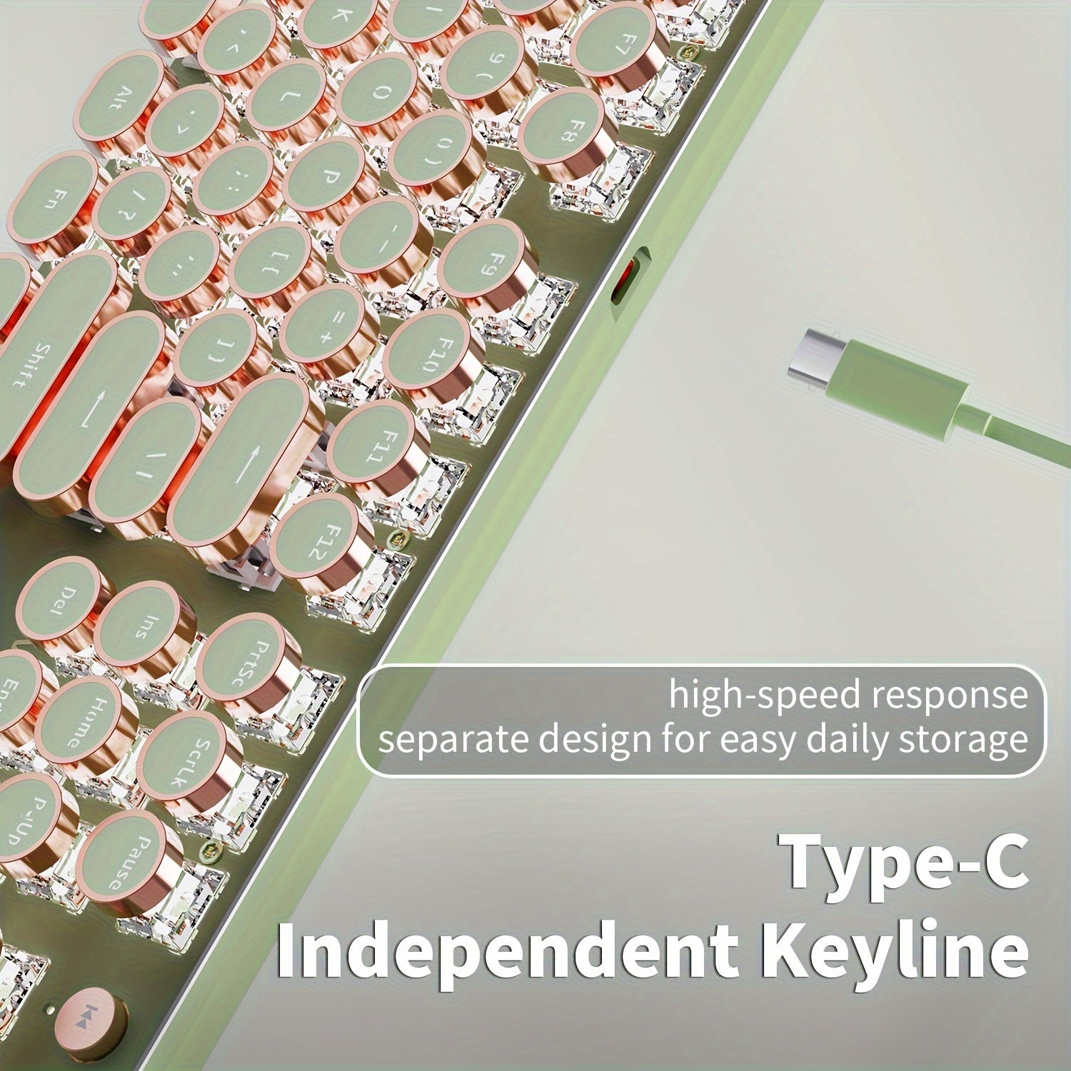 EWEADN Punk Typewriter Mechanical Gaming Keyboard, All-Metal Panel 104Keys Wired Retro Punk Round Keycaps with LED Backlit USB Wired Keyboards, Multimedia knob, Ergonomic Design for Game and Office, for Windows Laptop PC Gree