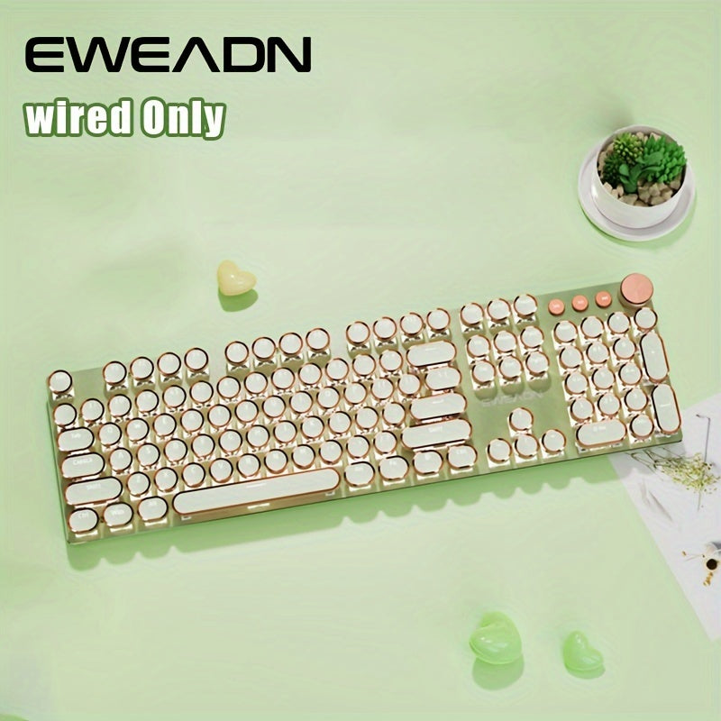 EWEADN Punk Typewriter Mechanical Gaming Keyboard, All-Metal Panel 104Keys Wired Retro Punk Round Keycaps with LED Backlit USB Wired Keyboards, Multimedia knob, Ergonomic Design for Game and Office, for Windows Laptop PC Gree