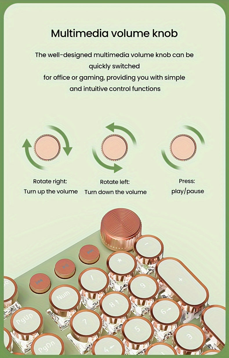 EWEADN Punk Typewriter Mechanical Gaming Keyboard, All-Metal Panel 104Keys Wired Retro Punk Round Keycaps with LED Backlit USB Wired Keyboards, Multimedia knob, Ergonomic Design for Game and Office, for Windows Laptop PC Gree