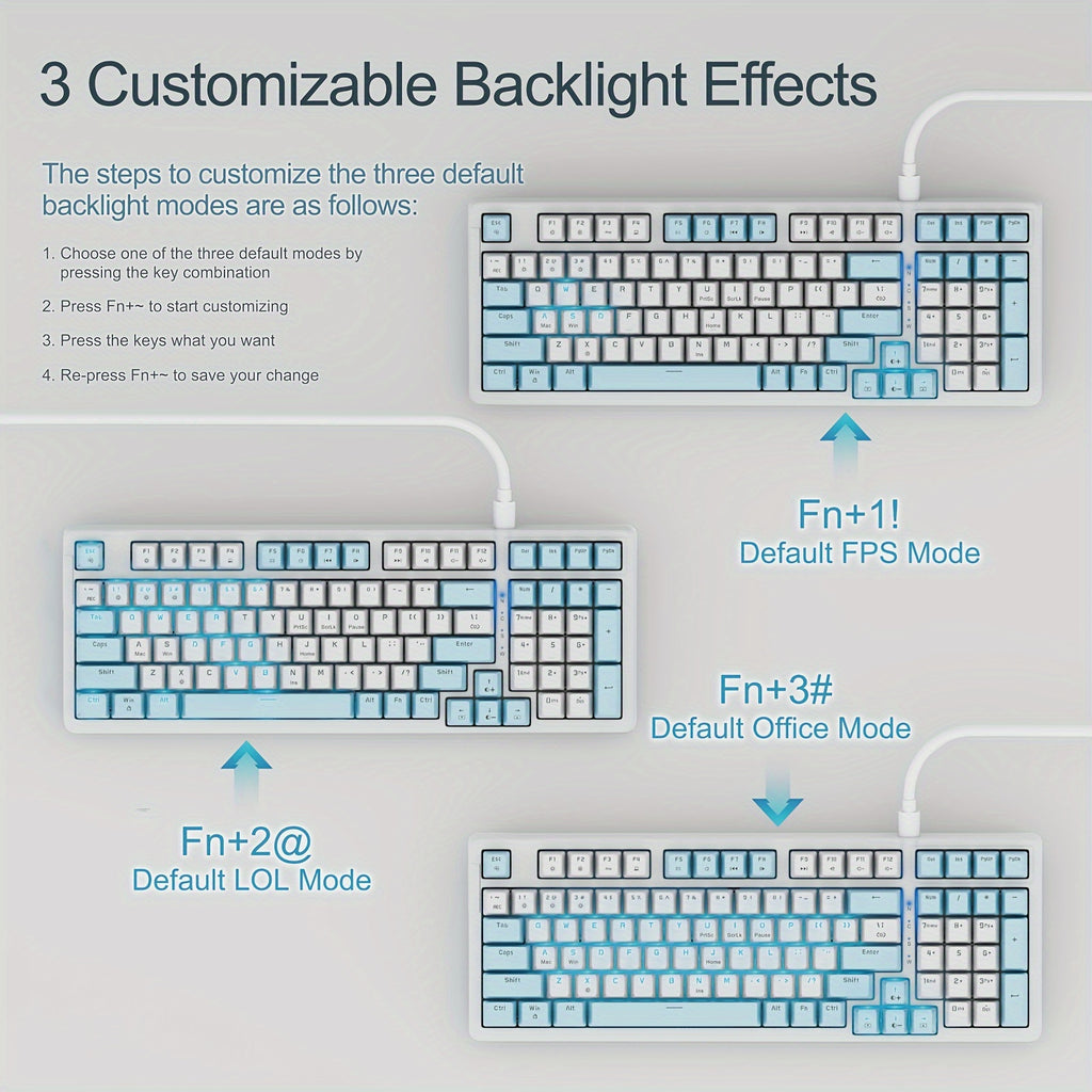 Baoced Mechanical Gaming Keyboard, Full Size 98 Anti-Ghosting Keys Brown Switch Keyboards With ICY Blue Backlight, Wired Detachable USB Type-C Gaming Keyboard With Adjustable Kickstand