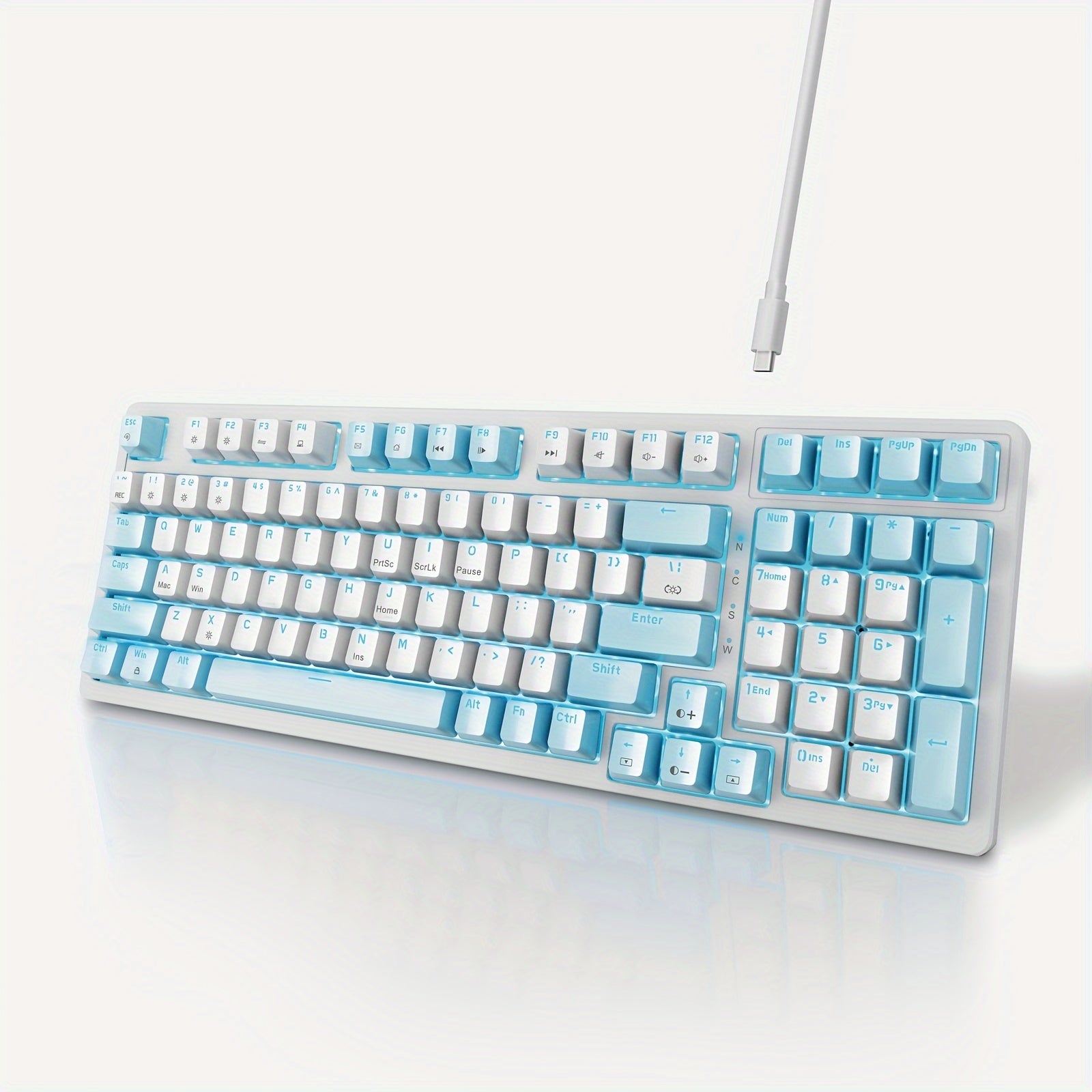 Baoced Mechanical Gaming Keyboard, Full Size 98 Anti-Ghosting Keys Brown Switch Keyboards With ICY Blue Backlight, Wired Detachable USB Type-C Gaming Keyboard With Adjustable Kickstand