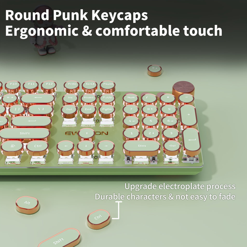 EWEADN Punk Typewriter Mechanical Gaming Keyboard, All-Metal Panel 104Keys Wired Retro Punk Round Keycaps with LED Backlit USB Wired Keyboards, Multimedia knob, Ergonomic Design for Game and Office, for Windows Laptop PC Gree