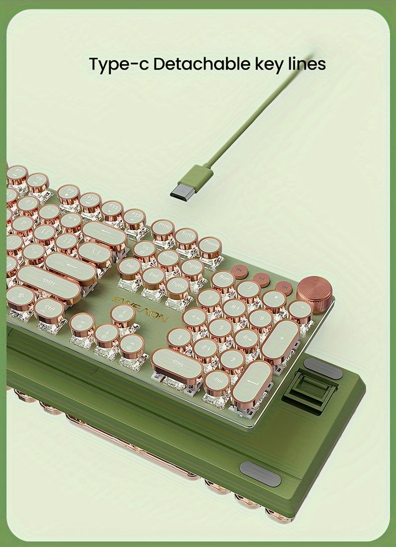 EWEADN Punk Typewriter Mechanical Gaming Keyboard, All-Metal Panel 104Keys Wired Retro Punk Round Keycaps with LED Backlit USB Wired Keyboards, Multimedia knob, Ergonomic Design for Game and Office, for Windows Laptop PC Gree