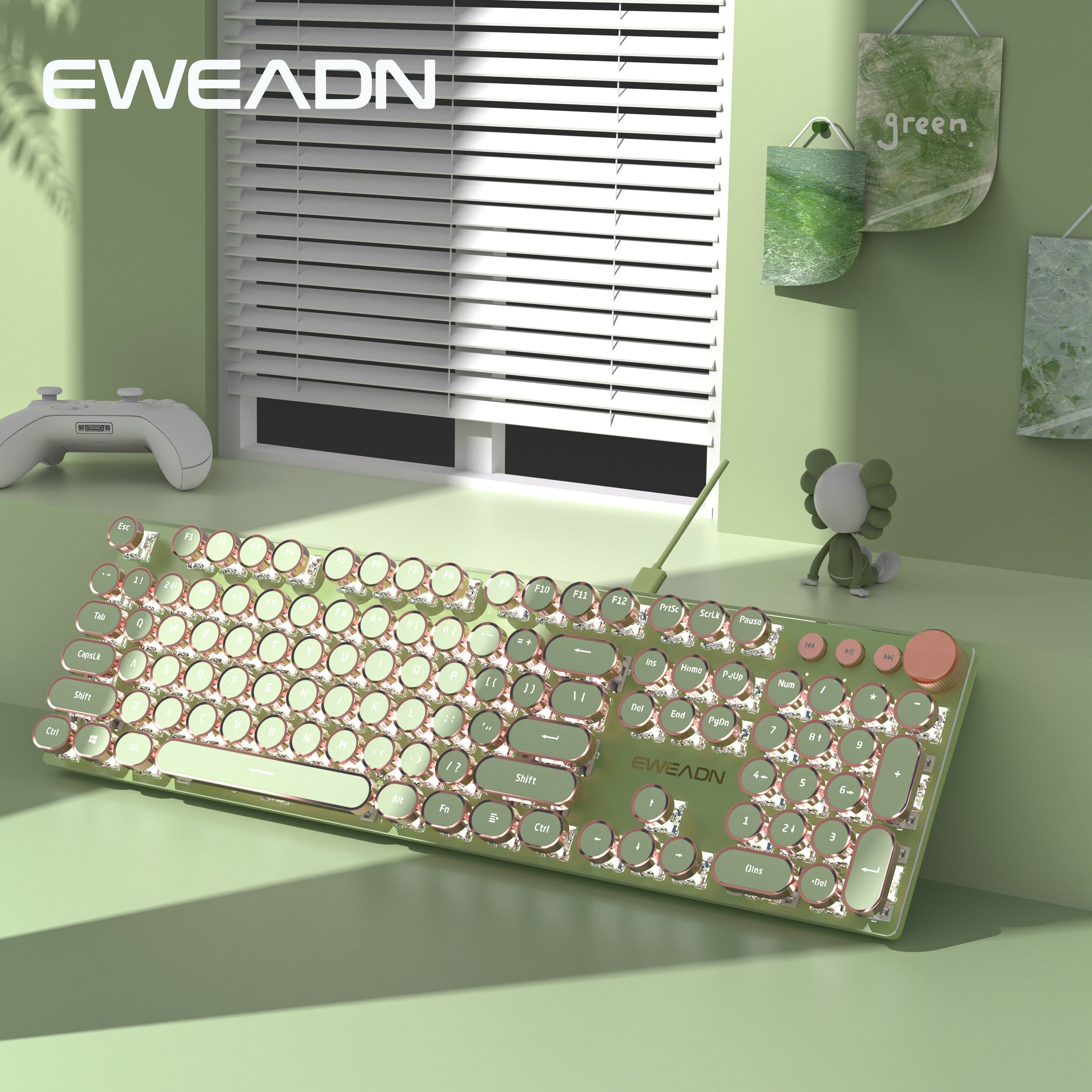 EWEADN Punk Typewriter Mechanical Gaming Keyboard, All-Metal Panel 104Keys Wired Retro Punk Round Keycaps with LED Backlit USB Wired Keyboards, Multimedia knob, Ergonomic Design for Game and Office, for Windows Laptop PC Gree