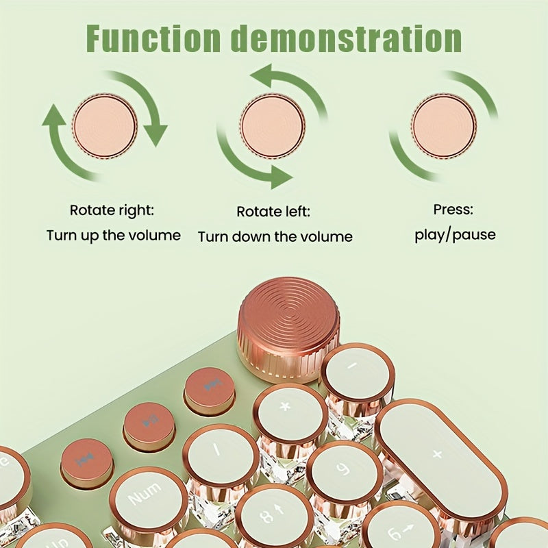 EWEADN Punk Typewriter Mechanical Gaming Keyboard, All-Metal Panel 104Keys Wired Retro Punk Round Keycaps with LED Backlit USB Wired Keyboards, Multimedia knob, Ergonomic Design for Game and Office, for Windows Laptop PC Gree