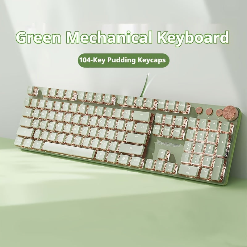 EWEADN Punk Typewriter Mechanical Gaming Keyboard, All-Metal Panel 104Keys Wired Retro Punk Round Keycaps with LED Backlit USB Wired Keyboards, Multimedia knob, Ergonomic Design for Game and Office, for Windows Laptop PC Gree