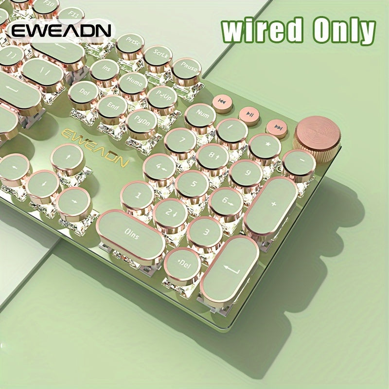 EWEADN Punk Typewriter Mechanical Gaming Keyboard, All-Metal Panel 104Keys Wired Retro Punk Round Keycaps with LED Backlit USB Wired Keyboards, Multimedia knob, Ergonomic Design for Game and Office, for Windows Laptop PC Gree