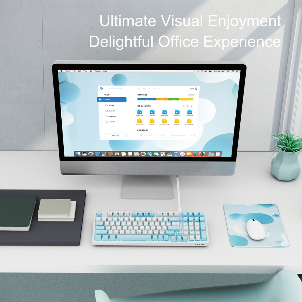 Baoced Mechanical Gaming Keyboard, Full Size 98 Anti-Ghosting Keys Brown Switch Keyboards With ICY Blue Backlight, Wired Detachable USB Type-C Gaming Keyboard With Adjustable Kickstand