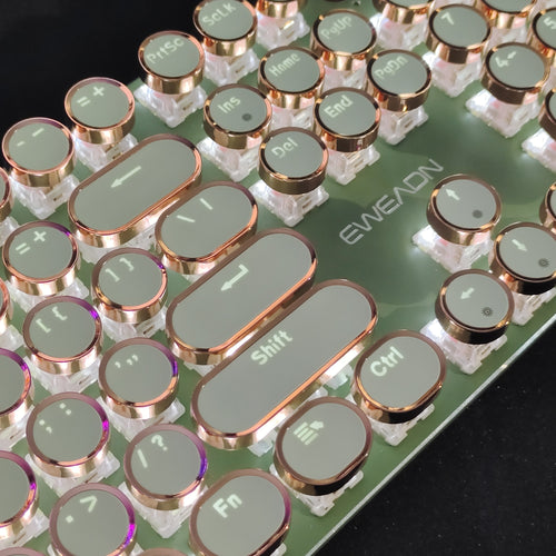 EWEADN Punk Typewriter Mechanical Gaming Keyboard, All-Metal Panel 104Keys Wired Retro Punk Round Keycaps with LED Backlit USB Wired Keyboards, Multimedia knob, Ergonomic Design for Game and Office, for Windows Laptop PC Gree